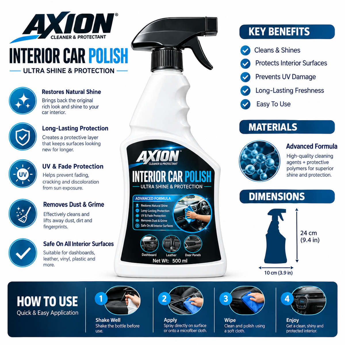 Axion Car Interior Polish 500ML | Dashboard & Interior Shine | UV Protection & Dust-Resistant Finish